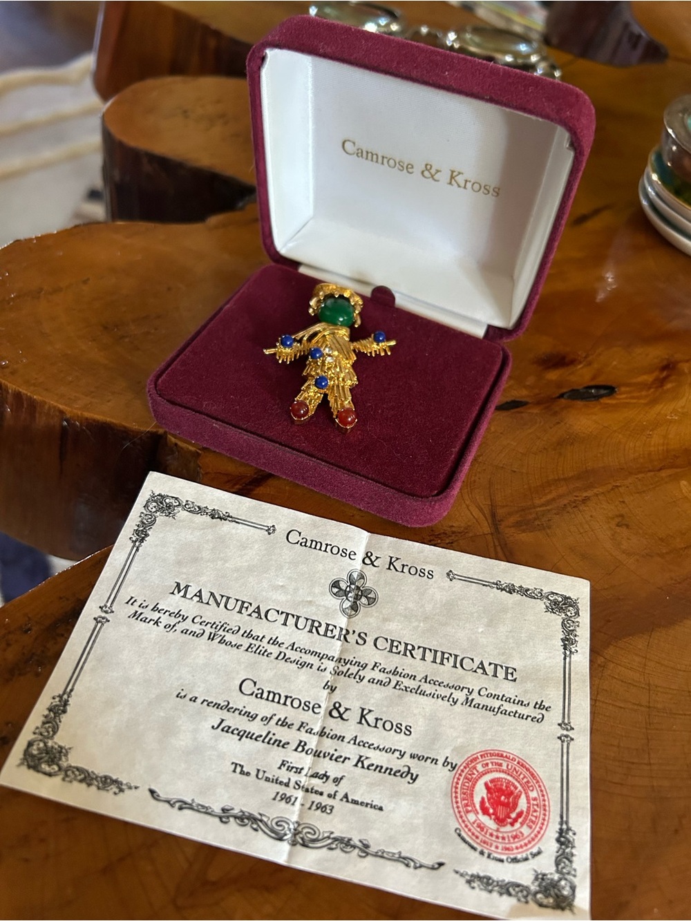 Camrose & Kross - JBK Jacqueline B. Kennedy Jeweled Scarecrow Brooch Pin COA Box